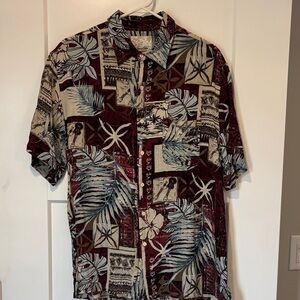Tasso Elba Burgundy and Blue Tropical Print Button-Down Mens Shirt size L